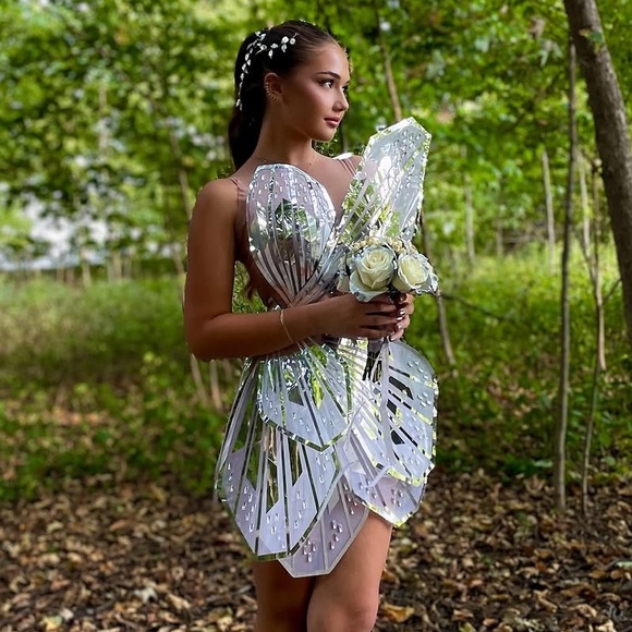 Sheer Nude and Silver Mirrored Cocktail Dress prom dress - Picture 12 of 17